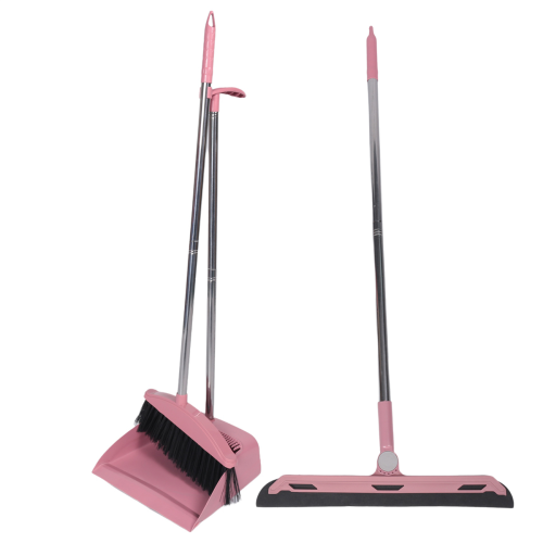 Dustpan Broom Set Floor Wiper Cleaning Long Handle Cleaning Set pink