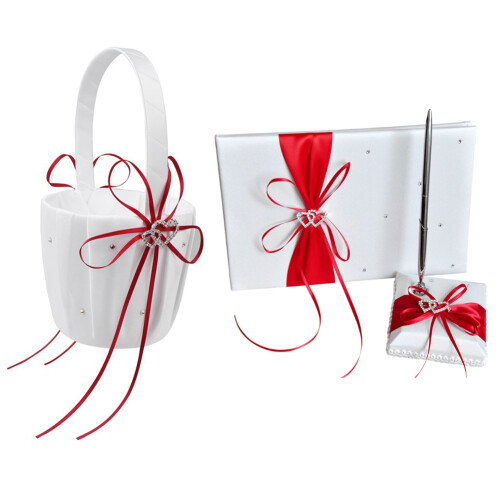 Guest Book with Pen Holder Sets with Diamonds Love Shape-Red+White