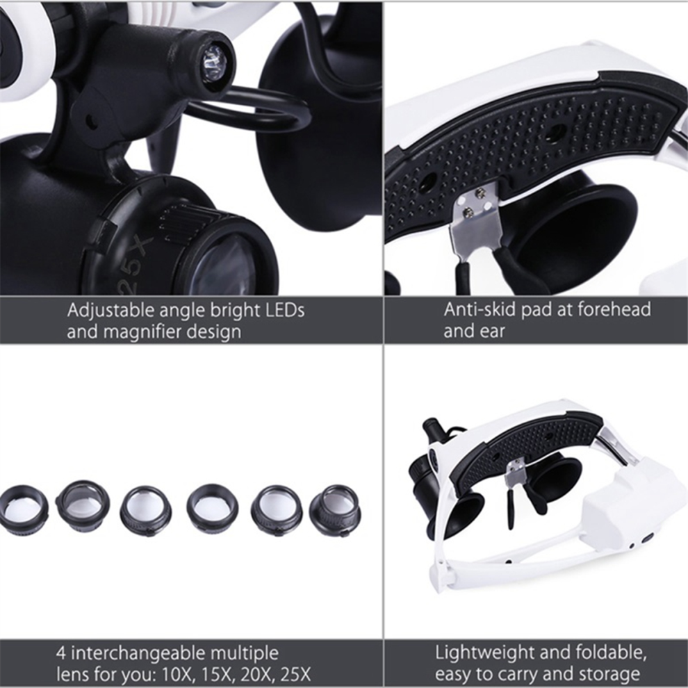 White/Black/Light Headband Led Magnifying Glass Headlamp Microscope Watch Repair