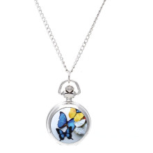 Colar com pingente de relógio de bolso de quartzo vintage borboleta