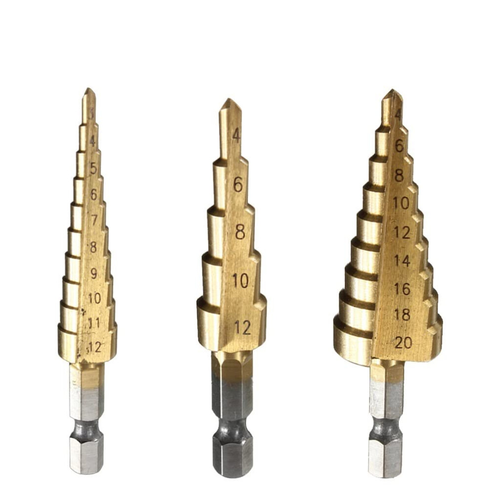3Pc 412/20/32Mm 1/4' Hss Step Cone Drill Set Hole Cutter Metric Hex Shank Titanium Metal Step Drill (3Pcs(412 312 420)) 6493810310898