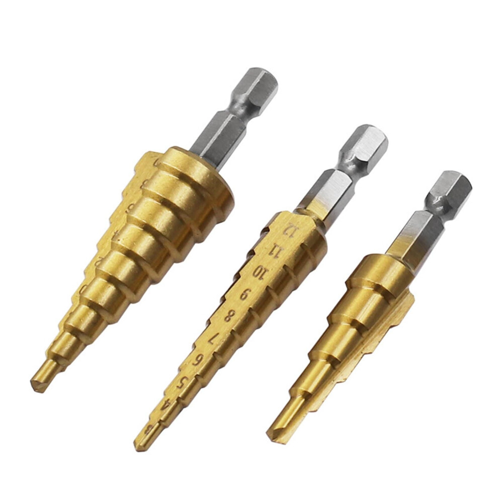 3 Pieces 312Mm/412Mm/420Mm Straight Groove Step Drill Hss Titaniumcoated Wood Metal Hole Cutter Core Cone Drilling Tool Set 6493810311277