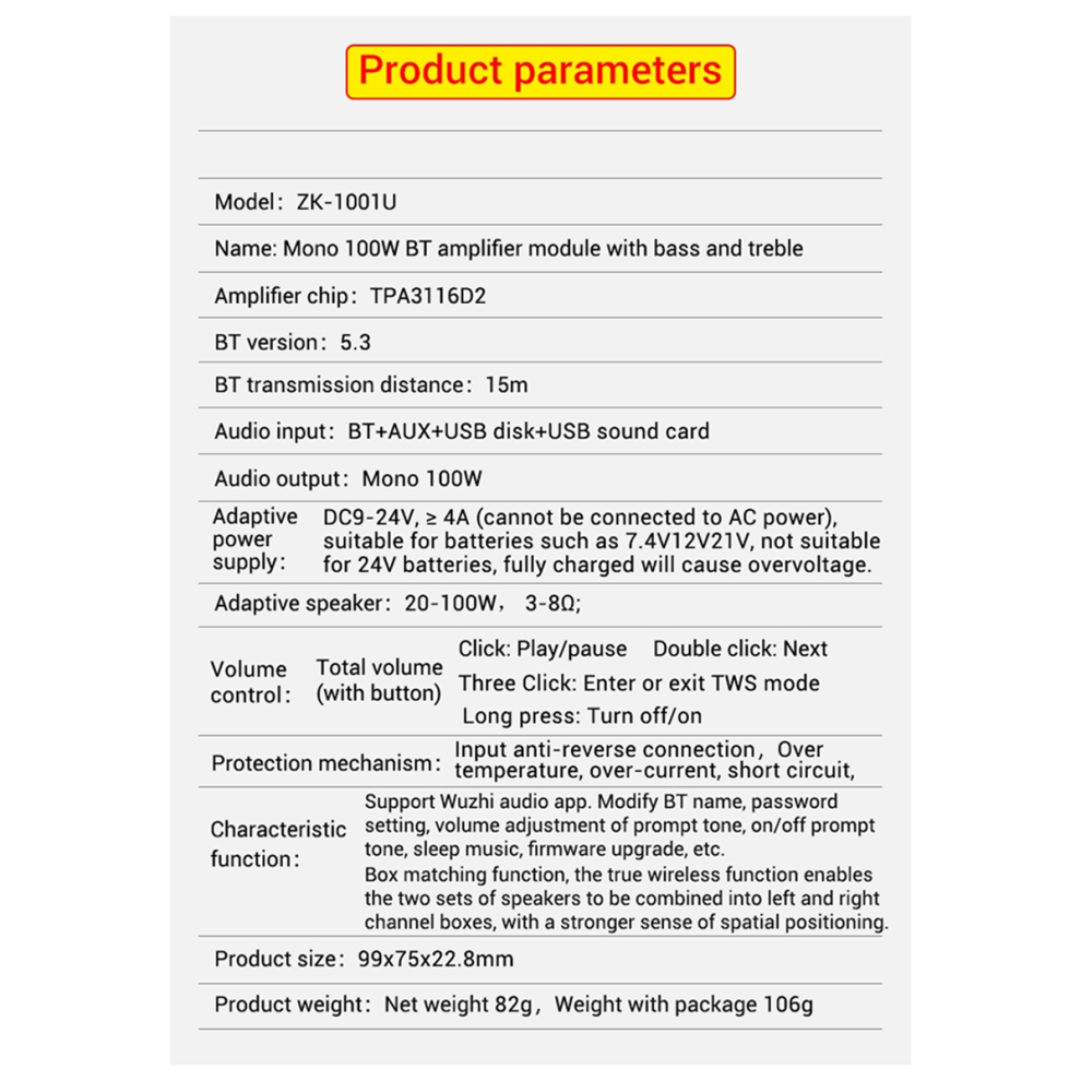 1001U With Boost Mono 100W Bluetooth Amplifier Board 4711600363858