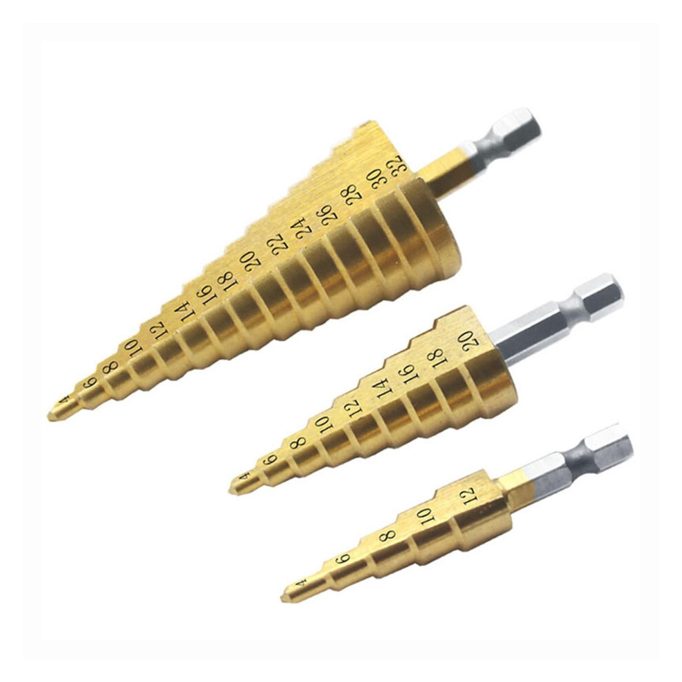 3 pieces 1/4 inch 4â12/20/32 mm titaniumcoated metal hex core drill HSS step drill set taper hole cutter cone metric-image-OPC-PJ58W6F-NEW