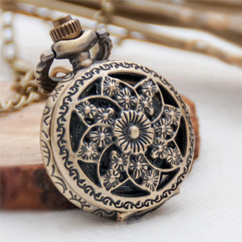 Moda Vintage Bronce cuarzo reloj de bolsillo Collar pendiente () 2