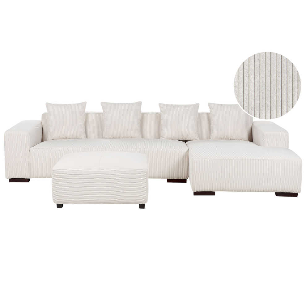 Corner Sofa 4 Seater LUNGO Corduroy Off-White with Ottoman Left Hand