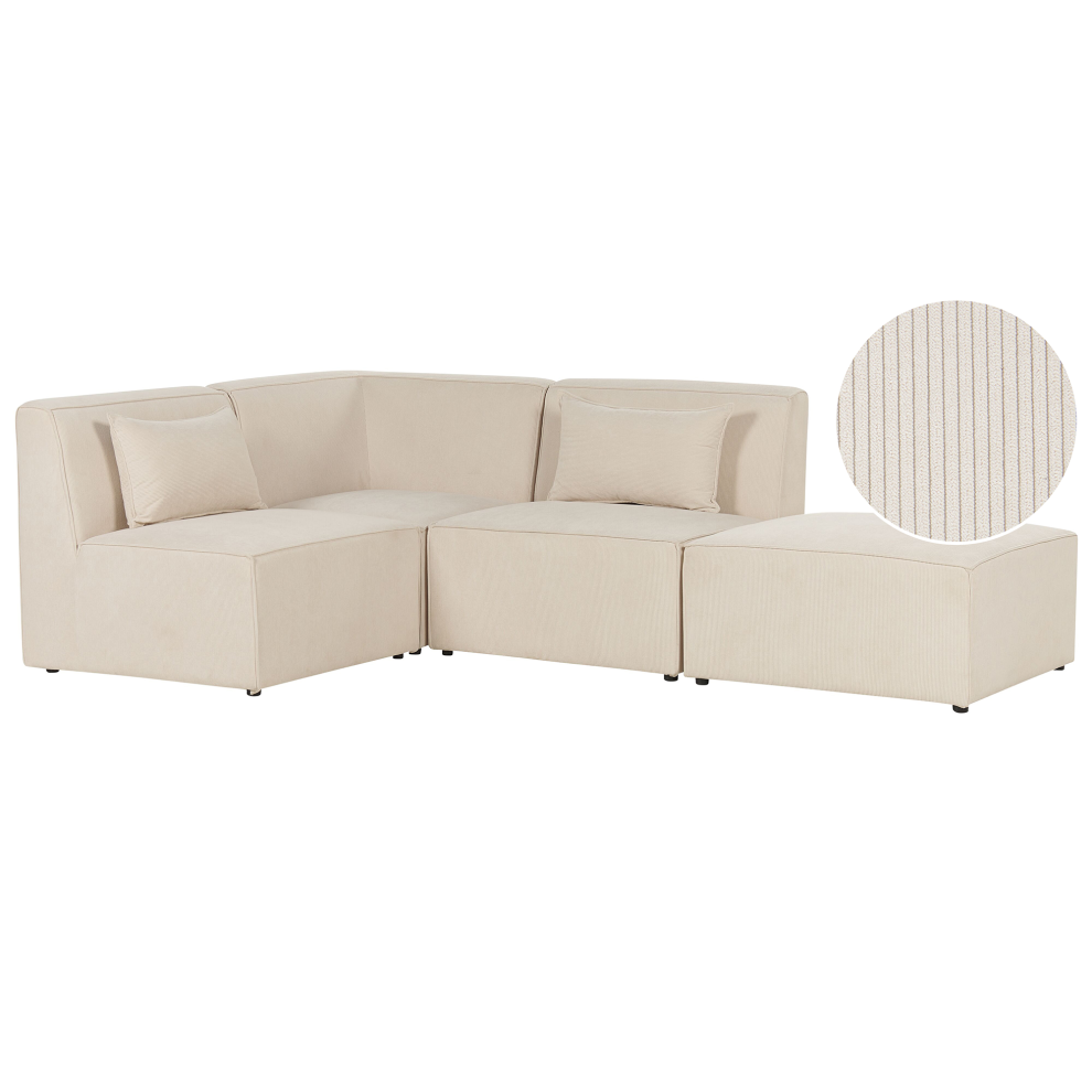Modular Corner Sofa 3 Seater LEMVIG Corduroy Light Beige with Ottoman Right Hand