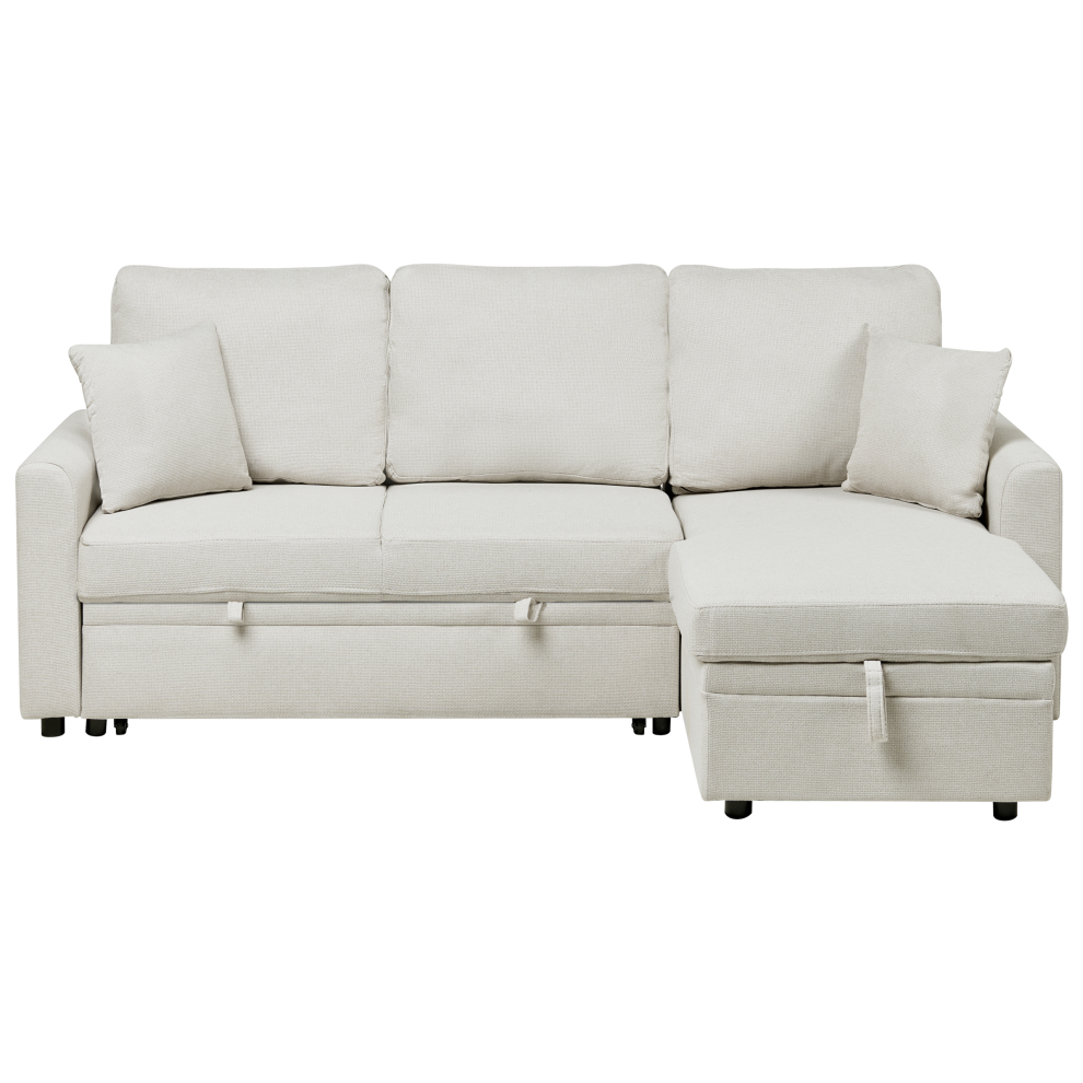 Corner Sofa Bed 3 Seater NASSJO Faux Linen Light Beige Left Hand