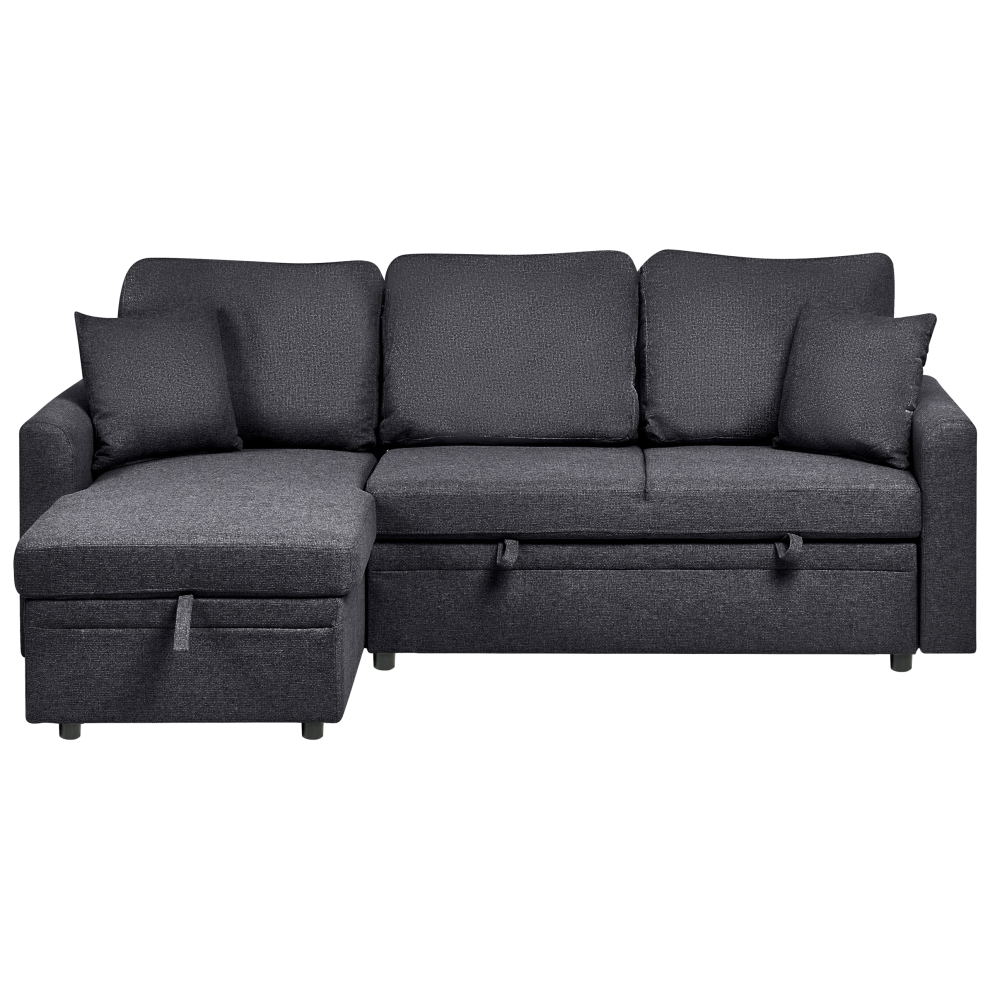 Corner Sofa Bed 3 Seater NASSJO Faux Linen Black Right Hand