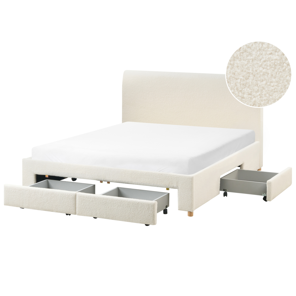 Bed with Storage Drawers Boucle SOUTRIN 160 x 200 cm (EU King Size) Off-White