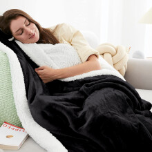 (Super King Sherpa, Black) 480GSM Thick Reversible Weighted Fleece Blanket Throw