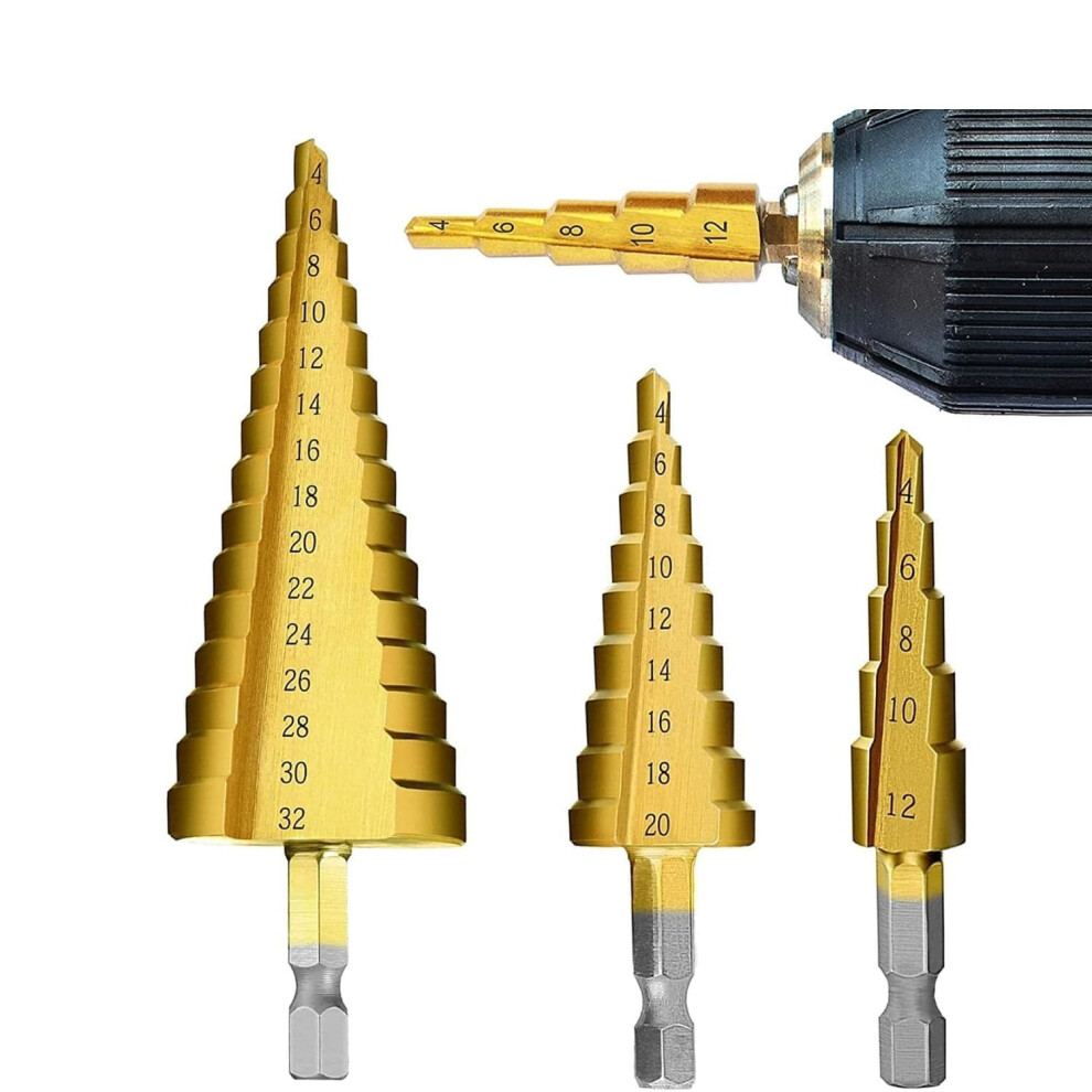 Step Drill Bit Set 432Mm Hex Shank Hss For Metal Wood Plastic 3Pcs 6493810320200