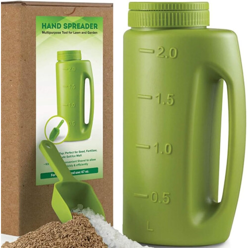 Practical hand spreader for efficient distribution, hand spreader for manure and sowing, ABS hand spreader, green 1