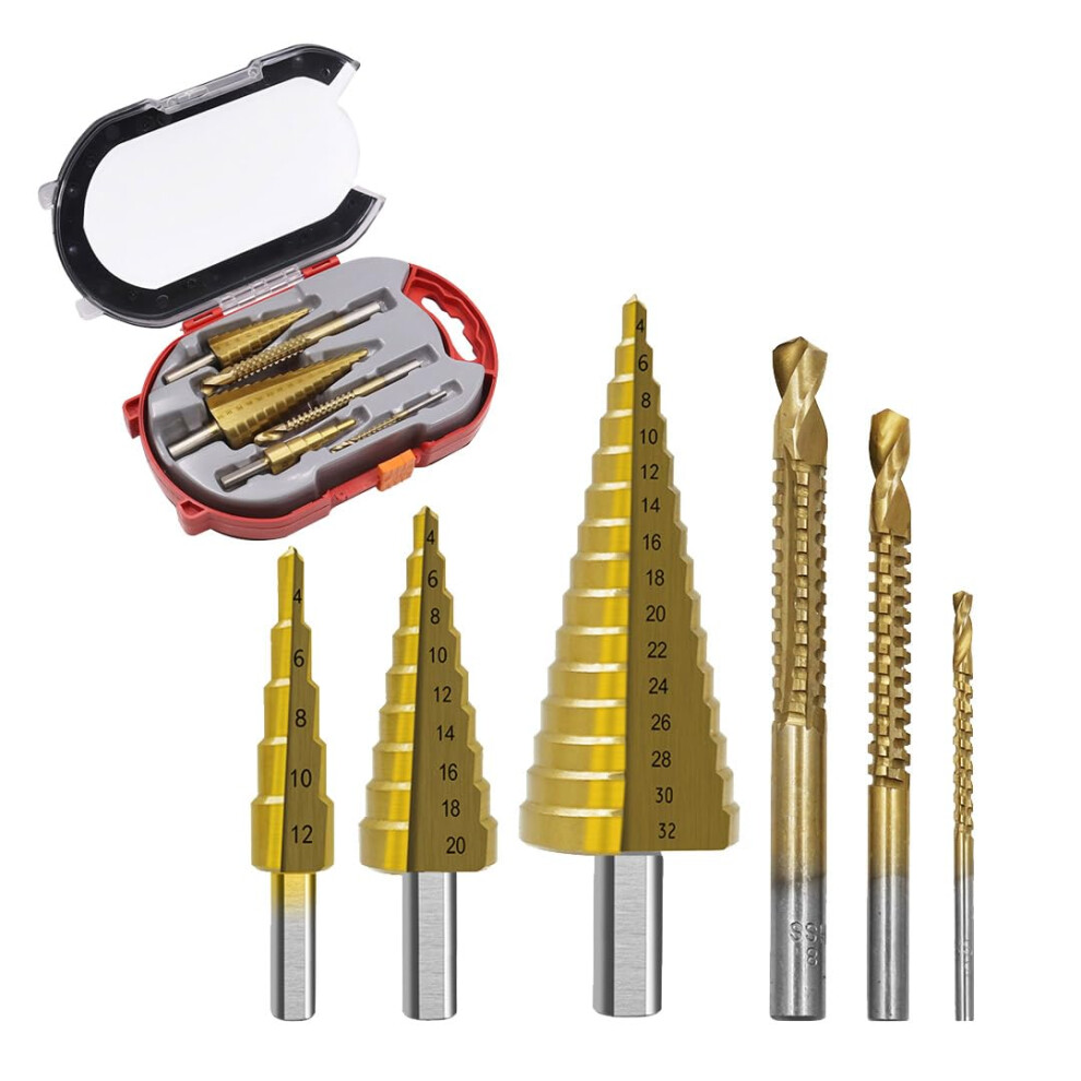 High Speed Reaming Pagoda Sawtooth Set, Hss Titanium Coated Drill Bit Set For Metalworking, Woodworking, Hole Drilling, Multiple Holes, 6 Pieces Set 6493810322389