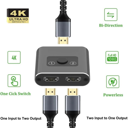 -Compatible Splitter/Switch 2 Port 4K Ultra HD 1 in 2 Out 2