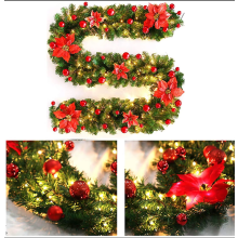 (Rojo) Guirnalda navideña de 9 pies con luces LED - Decoraciones de Navidad - Corona para chimenea, escaleras y puerta de entrada