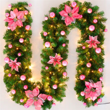 (Rosa) Guirnalda de Navidad de 9 pies con luces LED, decoraciones navideñas, corona para chimenea, escalera y puerta de entrada