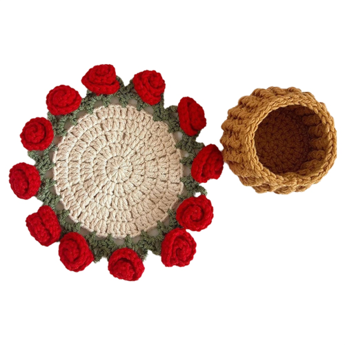 Rosenstrauß-Untersetzer, gehäkeltes Blumen-Platzset mit Korb A
