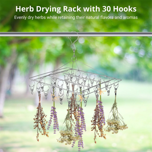 6pcs Stainless Steel Herb Drying Rack with 30 Clips, Windproof, 2