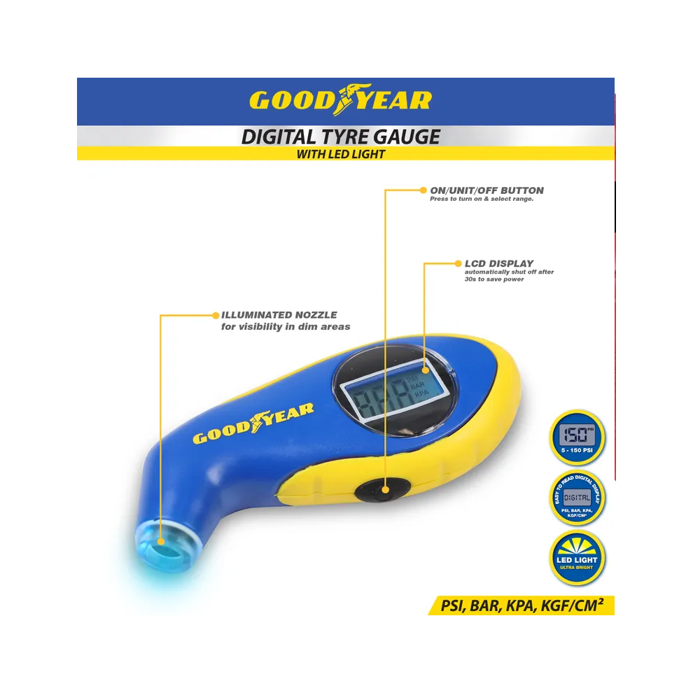 Goodyear Digital Tyre Pressure Gauge + Led 150Psi Psi Bar Kpa Kgf 900034 Light 5055441462806