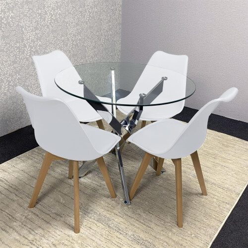 Round Glass Dining Table with 4 Leather White  Chairs Dining Room 1