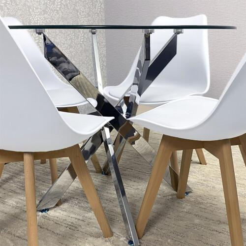 Round Glass Dining Table with 4 Leather White  Chairs Dining Room 2