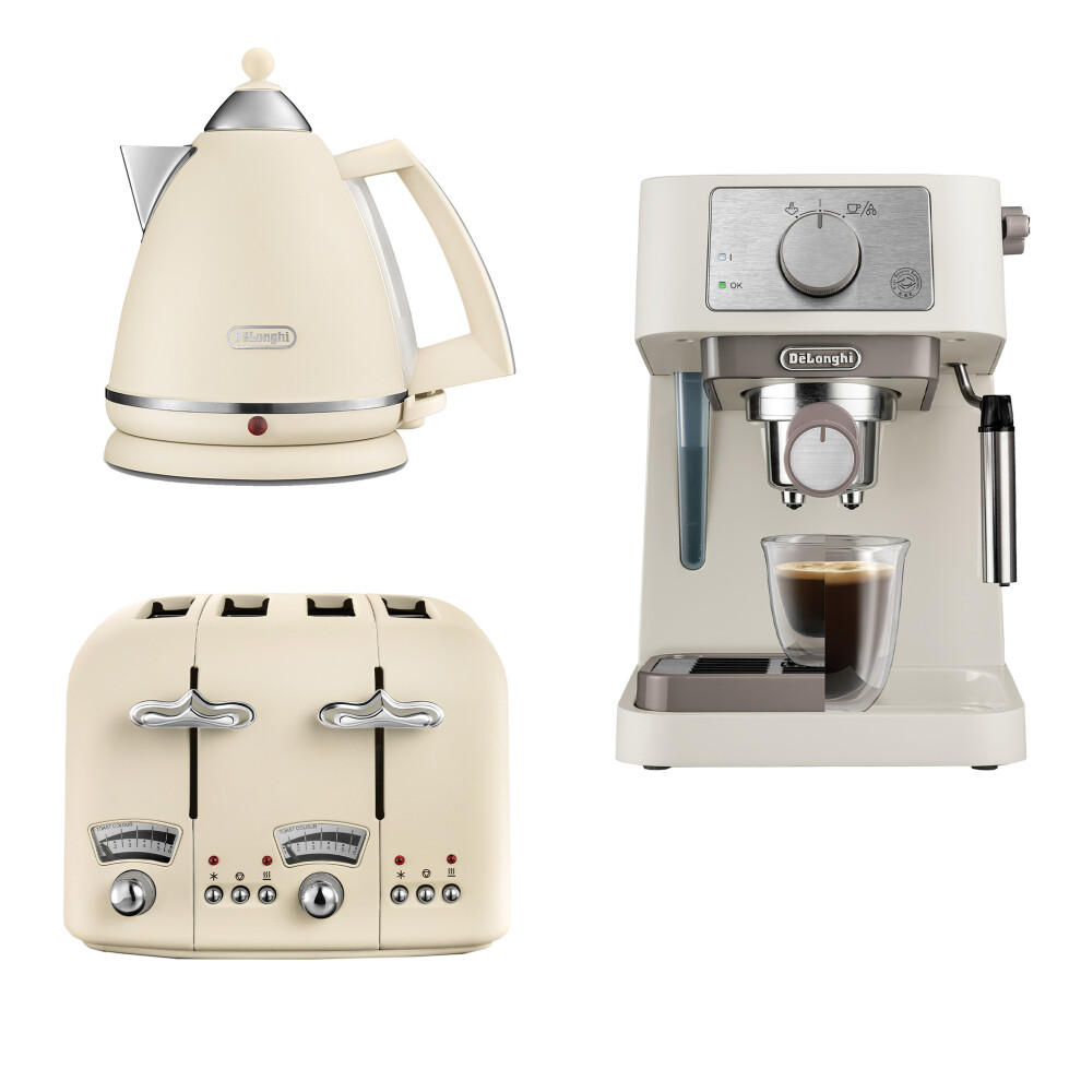 Delonghi Argento 1.7L Kettle, 4 Slice Toaster & Stilosa Coffee Machine Beige