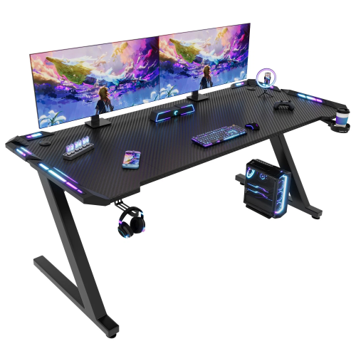 Gaming Desk with LED Lights, Cup Holder and Headphone Hook Z Frame Des