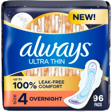 Always Ultra Thin Overnight Pads with Wings, Size 4