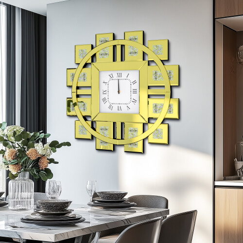 Golden Sparkle Mirrored Clock Wall Clock with Crushed Diamond Inlay 1