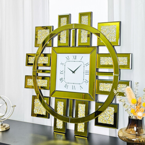 Golden Sparkle Mirrored Clock Wall Clock with Crushed Diamond Inlay 2