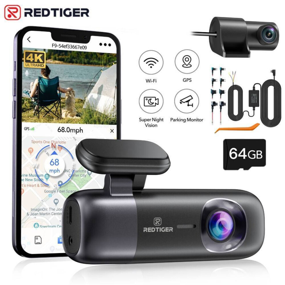 REDTIGER F9 Dash Cam Front and Rear 4K Dash Camera WiFi GPS with Hardwire Kit