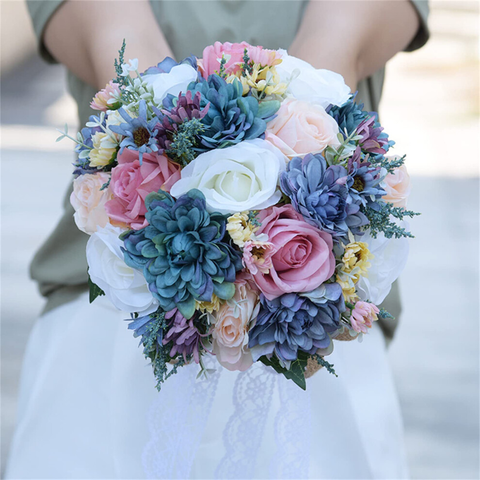 Artificial bouquet, bride with flowers, 30 cm, romantic artificial bouquet, silk rose bridal wedding overlay bouquet, blue-image-OPC-PJ5F69G-NEW