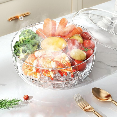 Chilled Veggie Fruit Tray Platter Divided Rotating Serving with Lid Sn 2