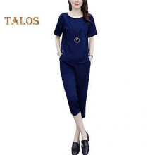 (L, navy blue) Women's Summer Two-Piece Set Casual Short Sleeves Top Cropped Pants Set Loose Loungewear Outfit for Home Party Office