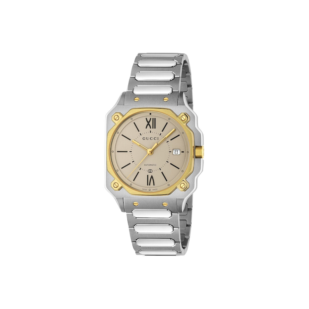 GUCCI G-Flat Automatic SS 36MM 18K Gold Plated Bezel Men's Watch YA166403