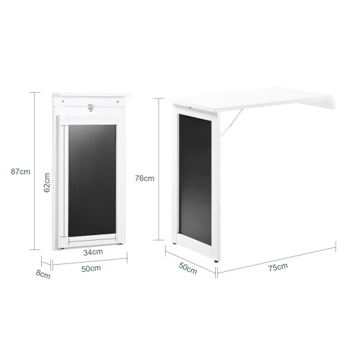 SoBuy Πτυσσόμενο Τραπέζι Τοίχου με Μαυροπίνακα 75x50cm Λευκό 2