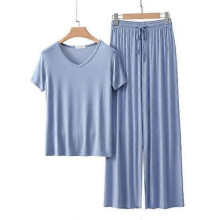(XL, light blue) Women's 2 Piece Pajamas Set Casual V Neck Short Sleeve Pullover Tops Wide Leg Pants Set Summer Lounge Wear Outfits
