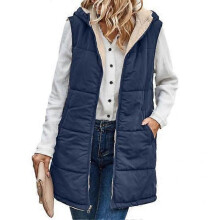 (M, navy blue) Women Fall Winter Reversible Vest Coat Hooded Sleeveless Fleece Lining Jacket Solid Color Mid length Waistcoat Long Warm Outerwear