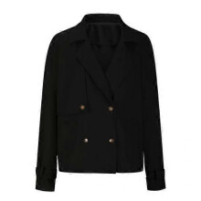 (S, black) Womens Cropped Trench Coat Casual Long Sleeve Double Breasted Jacket Notched Lapel Short Blazer with Pockets Spring Fall Outwear