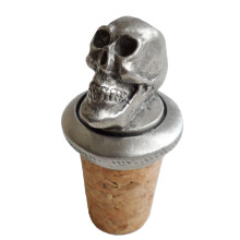 (Add a Gift Pouch) Grinning Skull Head Pewter Bottle Stopper