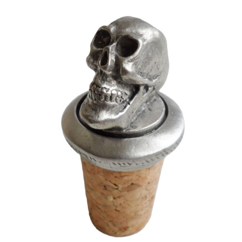 (Add a Gift Pouch) Grinning Skull Head Pewter Bottle Stopper
