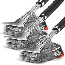 3 x Grill Brush, Robust, Extra Long Handle, Triple Wire Brush with Stainless Steel Bristles Ref: 3184