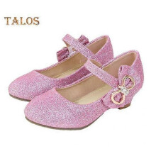 (27, pink) Girls Princess Flats Low Heel Dress Shoes Mary Glitter Wedding Party Sparkling Bow Strap Formal Shoes for Kids