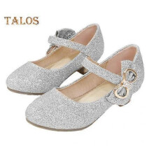 (37, silver) Girls Princess Flats Low Heel Dress Shoes Mary Glitter Wedding Party Sparkling Bow Strap Formal Shoes for Kids