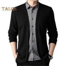 (XL, black) Men Spring Fall Top Fake Two-piece Shirt And Cardigan Patchwork Knitted Sweater Turn-down Collar Formal Business Style Office Coat