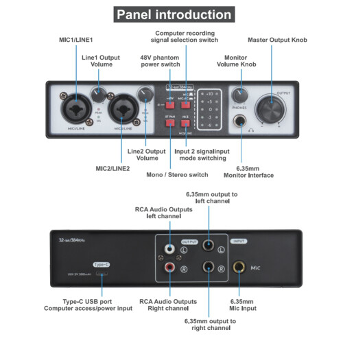 Interface Audio USB 2 EntréEs Sorties Carte Son D'Enregistrement 32 Bits/384 KHz Studio Record Professionnelle 48 V Phantom 2