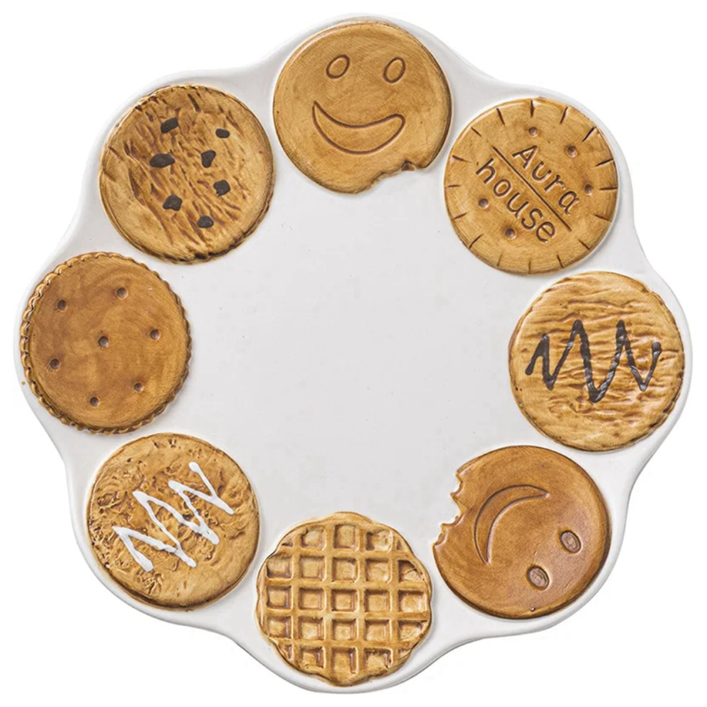 Assiette à dessert de bureau en céramique mignonne, marron et blanc, assiette à biscuits marron