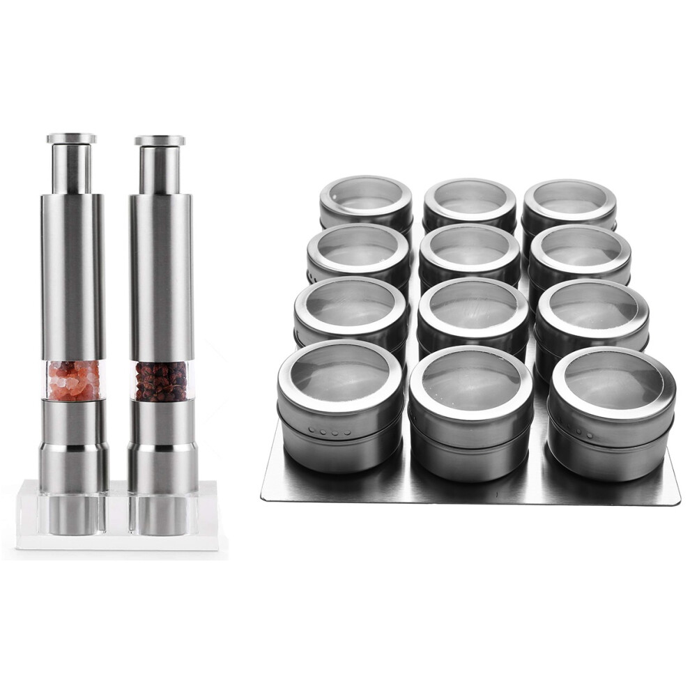 Ensemble de 2 moulins à sel et à poivre, en acier inoxydable, avec bouton-poussoir et verre