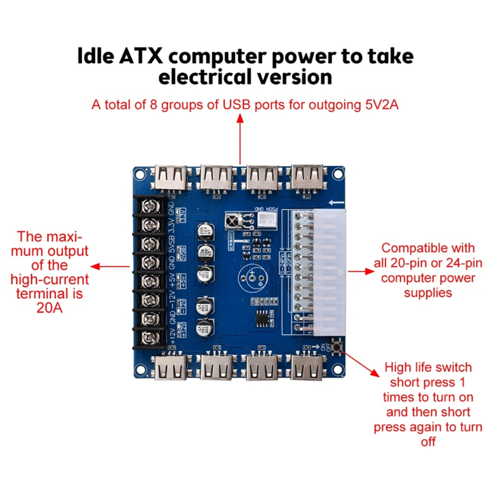20 Pin/24 Pin Atx Power Supply Breakout Board 5V/2A Usb Charging Desktop Chassis Power Supply Adapter Board 4852847312558